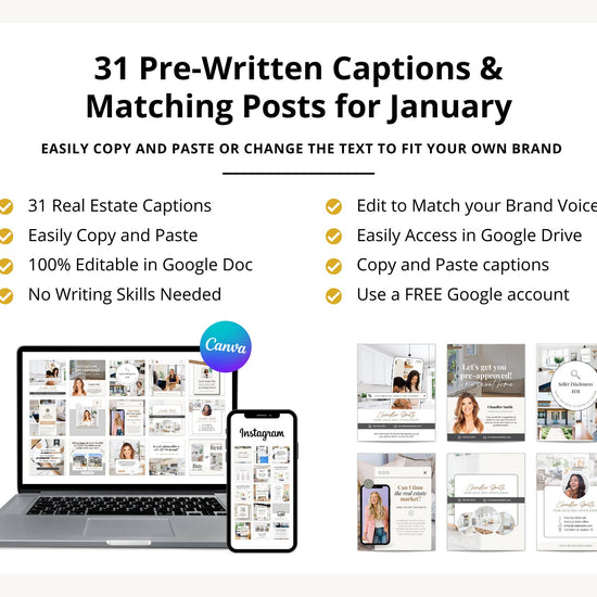January Real Estate Captions & 31 Matching Real Estate Canva Posts | Real Estate Instagram Posts | Real Estate Marketing | Canva Template