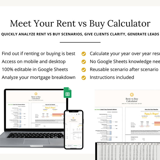 Renting Vs. Buying Calculator | Real Estate Marketing | Rent Vs Own Cost Comparison | Financial Planner | Google Sheets | Rental Marketing