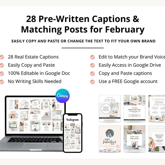 February Real Estate Captions & 28 Matching Real Estate Canva Posts | Real Estate Instagram Posts | Real Estate Marketing | Canva Template