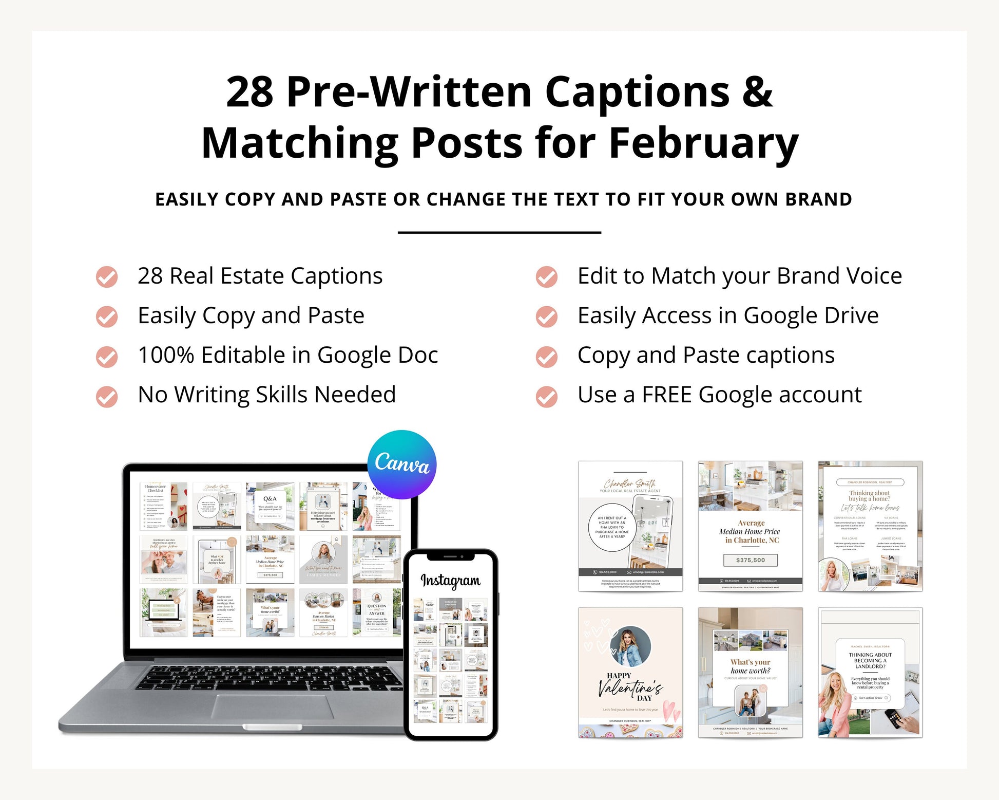 February Real Estate Captions & 28 Matching Real Estate Canva Posts | Real Estate Instagram Posts | Real Estate Marketing | Canva Template