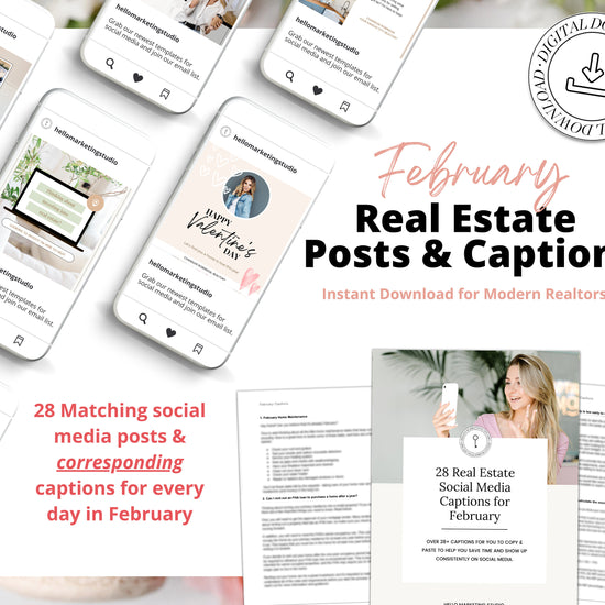 February Real Estate Captions & 28 Matching Real Estate Canva Posts | Real Estate Instagram Posts | Real Estate Marketing | Canva Template