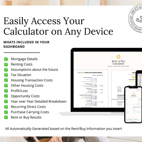 Renting Vs. Buying Calculator | Real Estate Marketing | Rent Vs Own Cost Comparison | Financial Planner | Google Sheets | Rental Marketing