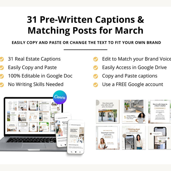 March Real Estate Captions & 31 Matching Real Estate Canva Posts | Real Estate Instagram Posts | Real Estate Marketing | Canva Template