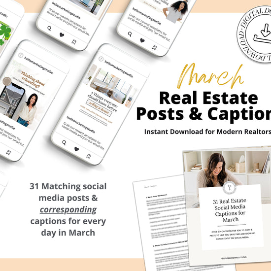 March Real Estate Captions & 31 Matching Real Estate Canva Posts | Real Estate Instagram Posts | Real Estate Marketing | Canva Template