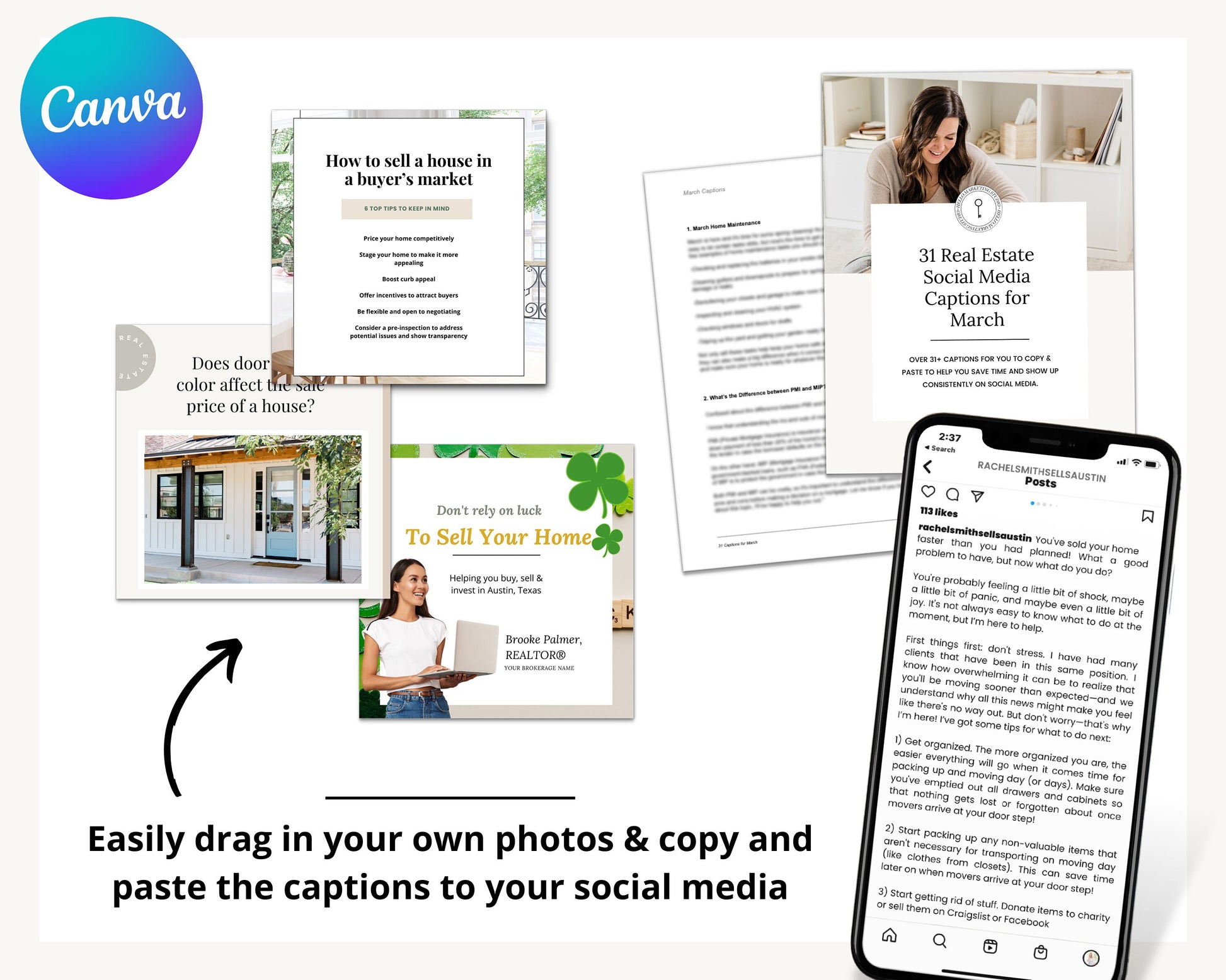 March Real Estate Captions & 31 Matching Real Estate Canva Posts | Real Estate Instagram Posts | Real Estate Marketing | Canva Template