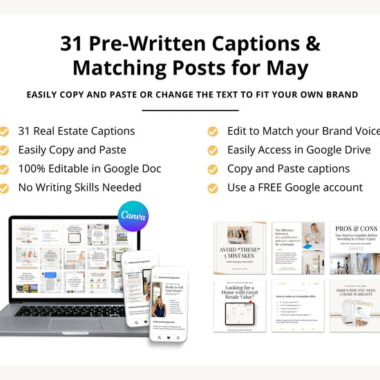 May Real Estate Captions & 31 Matching Real Estate Canva Posts | Real Estate Instagram Posts | Real Estate Marketing | Canva Template