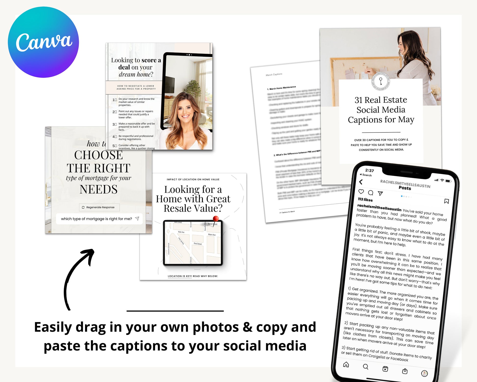 May Real Estate Captions & 31 Matching Real Estate Canva Posts | Real Estate Instagram Posts | Real Estate Marketing | Canva Template
