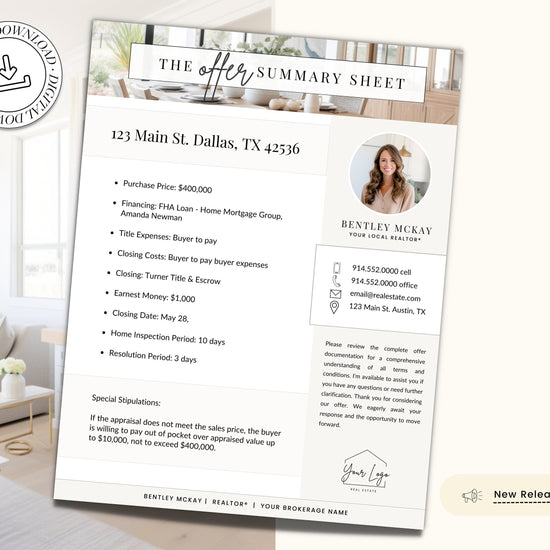 Offer Summary Cover Sheet | Real Estate Marketing | Multiple Offer | Home Buyer Guide | Seller Guide | Offer Cover Sheet | Real Estate