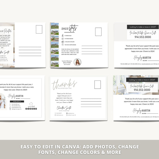 Real Estate New Year Postcards | Year In Review Sold Homes Postcard Mailers | Real Estate Marketing Canva | Real Estate Farming 2023 2024