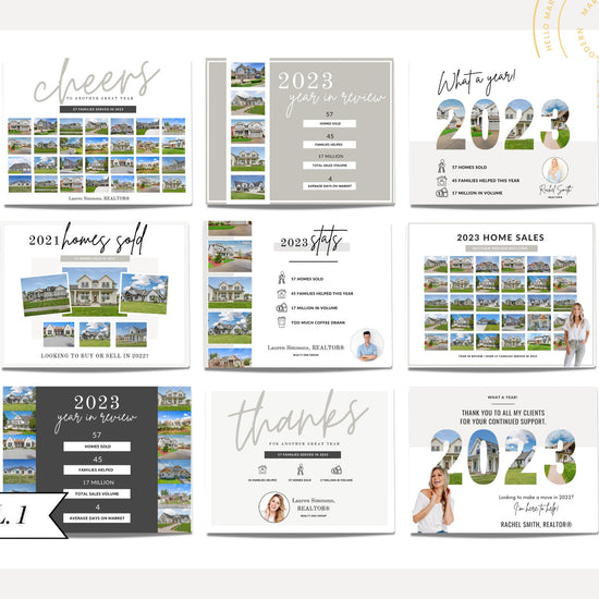 Real Estate New Year Postcards | Year In Review Sold Homes Postcard Mailers | Real Estate Marketing Canva | Real Estate Farming 2023 2024