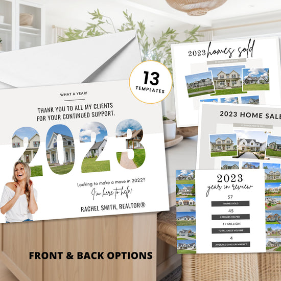 Real Estate New Year Postcards | Year In Review Sold Homes Postcard Mailers | Real Estate Marketing Canva | Real Estate Farming 2023 2024