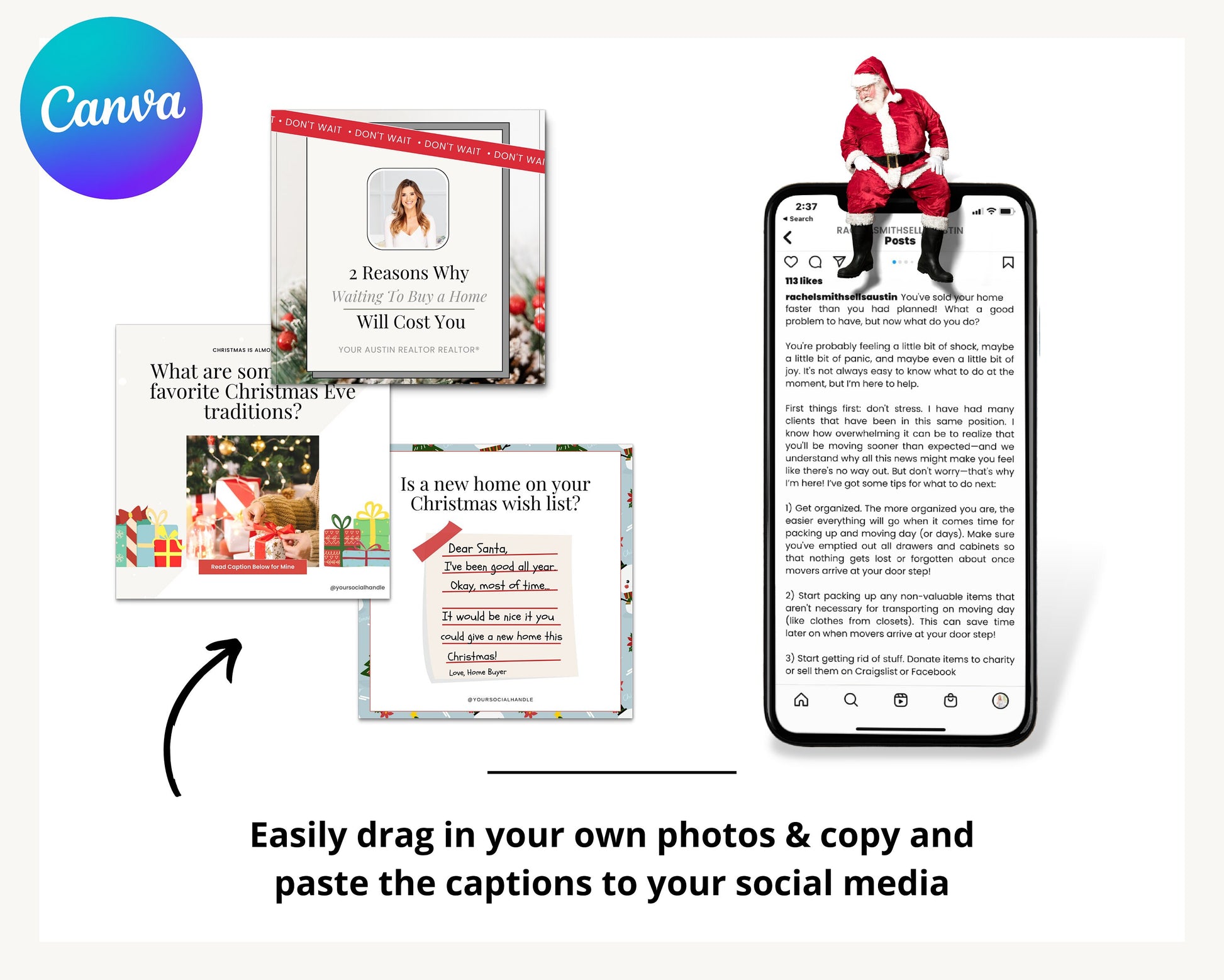 December Real Estate Captions & 31 Matching Real Estate Canva Posts | Real Estate Instagram Posts | Real Estate Marketing | Canva Template