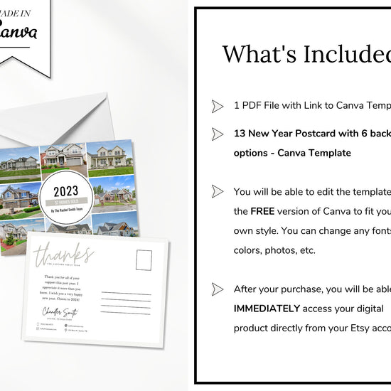 Real Estate New Year Postcards | Year In Review Sold Homes Postcard Mailers | Real Estate Marketing Canva | Real Estate Farming 2023 2024