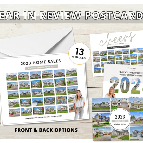 Real Estate New Year Postcards | Year In Review Sold Homes Postcard Mailers | Real Estate Marketing Canva | Real Estate Farming 2023 2024